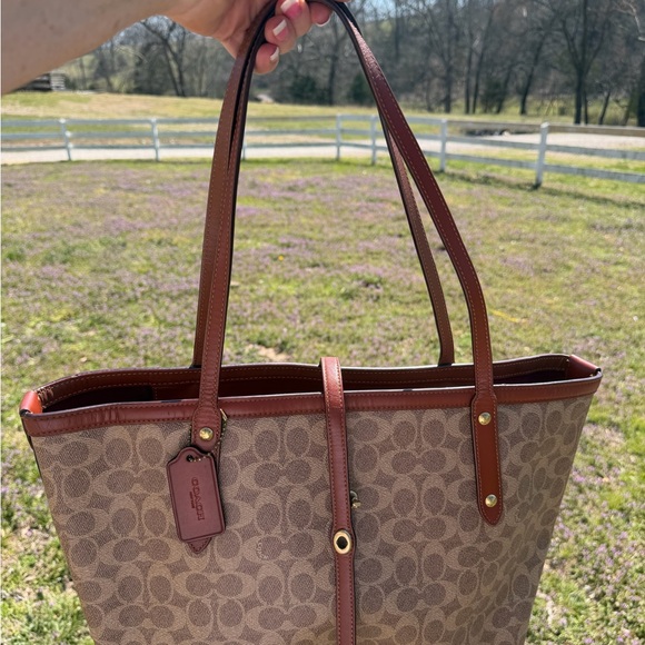 Coach Handbags - Coach Brown Signature Canvas Tote with Burnt Brown Leather Trim